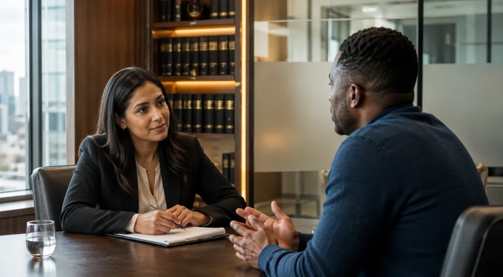 Solicitor listening carefully to a client giving feedback