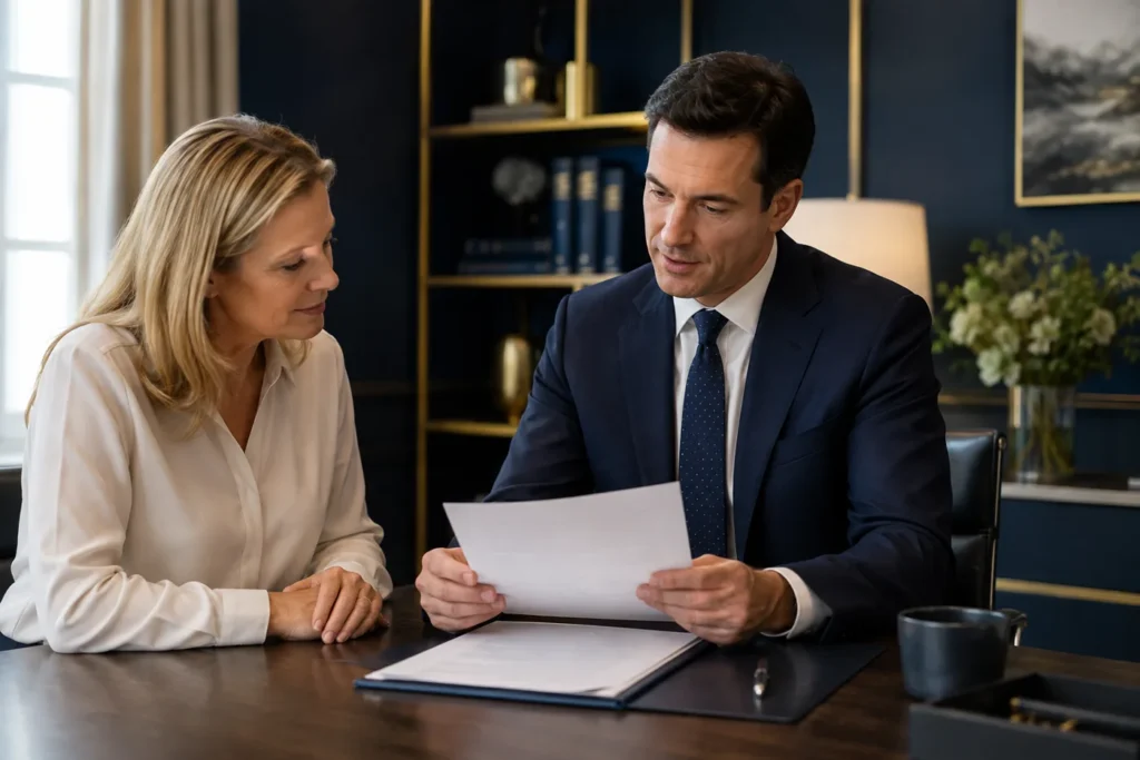 Solicitor explaining the complaint outcome clearly to a client