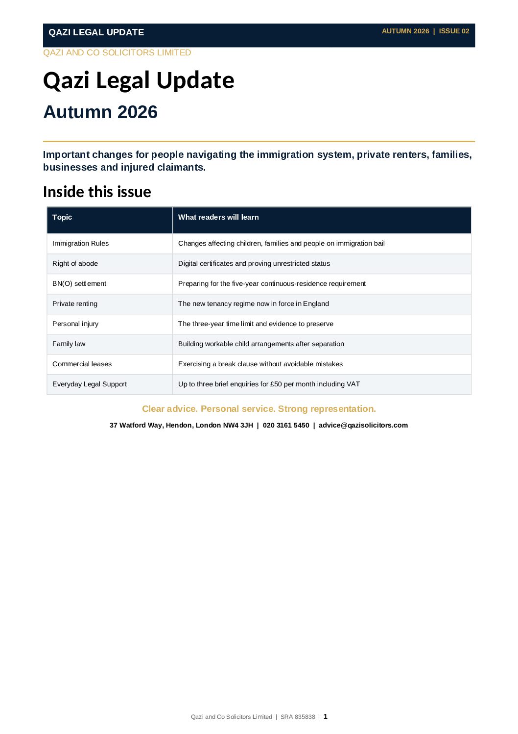 Cover of the Qazi Legal Update, Autumn 2026 edition
